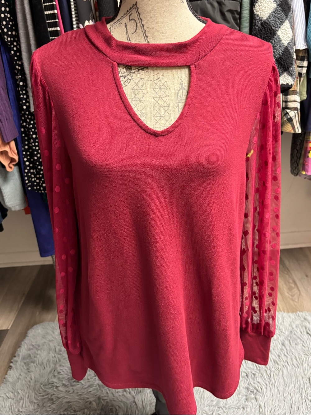 Y2K Red Polka Dot Mesh Sleeve Sweater